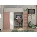 Lit mezzanine 205x183 cm avec armoire et bureau rose antique blanc mat et ch�ne - armenia