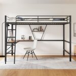 Lit mezzanine 90x200 cm, lit enfant avec 1 bureau et l et bibliothèque de rangement, métal, noir Lit mezzanine 90x200 cm, lit enfant avec 1 bureau et l et bibliothèque de rangement, métal, noir