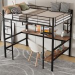 Lit mezzanine, lit enfant 90x200 cm avec bureau plat et �tag�re de rangement, m�tal, noir