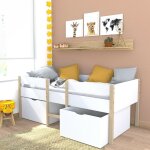 Les tendances - lit mi - hauteur zephir 90x200 + 2 grands tiroirs + sommier / blanc & vernis naturel ...