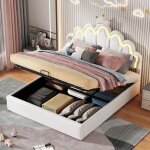 Redom - lit plat princesse, clairage d'ambiance rglable, 140x200cm, en cuir, blanc