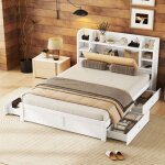 Lit adulte 160x200 cm lit double avec tte de lit rabattable, quatre tiroirs et plusieurs rangements, ...