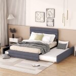 Redom - lit plateforme 140 x 200 avec broche pour deux personnes et deux tiroirs, gris Redom - lit plateforme 140 x 200 avec broche pour deux personnes et deux tiroirs, gris