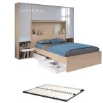 Lit pont 140 x 190 cm avec rangements - avec leds - coloris : naturel et blanc brillant + sommier - velona ...