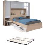 Lit pont 140 x 190 cm avec rangements - avec leds - coloris : naturel et blanc brillant + sommier - velona ...