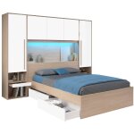 Lit pont 140 x 190 cm avec rangements - avec leds - coloris : naturel et blanc brillant - velona