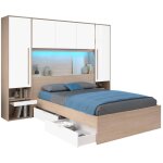 Lit pont 140 x 190 cm avec rangements - avec leds - coloris : naturel et blanc brillant - velona