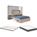 Lit pont 160 x 200 cm avec rangements - avec leds - coloris : naturel et blanc brillant + sommier + matelas ...