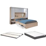 Lit pont 160 x 200 cm avec rangements - avec leds - coloris : naturel et blanc brillant + sommier + matelas ...