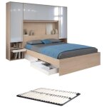 Lit pont 160 x 200 cm avec rangements - avec leds - coloris : naturel et blanc brillant + sommier - velona ...