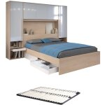 Lit pont 160 x 200 cm avec rangements - avec leds - coloris : naturel et blanc brillant + sommier - velona ...