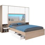 Lit pont 160 x 200 cm avec rangements - avec leds - coloris : naturel et blanc brillant - velona
