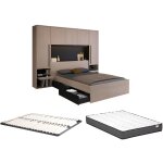 Lit pont 160 x 200 cm avec rangements - avec leds - coloris : naturel et noir + sommier + matelas - velona ...