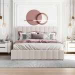 Lit coffre 140x200 cm, lit double avec t�te de lit r�glable et sommier � lattes en m�tal, tissu en velours ...