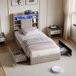 Lit rembourr� 90x200cm, lit double avec led et usb, lit cadre de lit avec rangement, t�te de lit et rangements ...