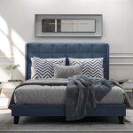 Lit adulte 140x200 cm, lit double capitonn avec sommier  lattes, lit adolescent en lin, bleu, sans ...
