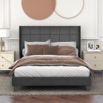 Wishdor - lit adulte 140x200 cm, lit double capitonn avec sommier  lattes, lit adolescent en lin, gris, ...