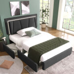 Lit adulte 90x200 cm lit simple rembourr� avec �clairage led, t�te de lit r�glable et 2 tiroirs, en bois ...