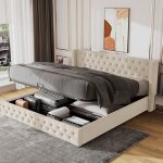 Lit coffre rembourr�, lit double 140x200 cm, en velours, beige