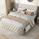 Lit rembourr en lin, 140 x 200 cm lit double avec 4 tiroirs, tte de lit rembourre et sommier  lattes, ...