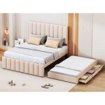 Modernluxe - lit rembourré en lin 140x200cm - avec un lit gigogne à roulettes et 3 tiroirs - beige Modernluxe - lit rembourré en lin 140x200cm - avec un lit gigogne à roulettes et 3 tiroirs - beige