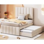 Modernluxe - lit rembourr� en lin 90x200cm - avec un lit gigogne � roulettes et 3 tiroirs - beige