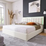 Okwish - lit coffre 180x200 cm, lit double adulte avec �clairage led et rangement, en similicuir, beige, ...