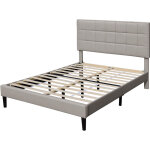 Lit riley pour matelas 140x200 - sommier + t�te de lit capitonnee couleur gris + pieds en 16 cm pour ...
