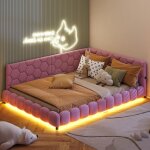 Lit simple 140x200 cm type banquette avec �clairage led rgb et ports usb moderne - peluche - rose
