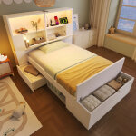 Lit simple 90�200 cm avec led r�glable, usb et type c, 2 tiroirs, �tag�res et banc coffre, sans matelas, ...