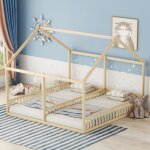 2 en 1 lit simple 90x200 cm, lit enfant, lit au sol, lit cabane avec barriére de protetion, en bois de ... 2 en 1 lit simple 90x200 cm, lit enfant, lit au sol, lit cabane avec barriére de protetion, en bois de ...