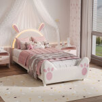 Lit simple 90x200 cm avec �clairage led ? t�te de lit lapin ? sommier � lattes ? lit enfants capitonn� ...