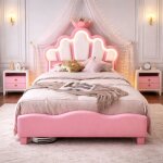 Lit simple 90x200 cm, lit enfant, lit princesse couronne, t�te de lit avec bande lumineuse led, sommier ...