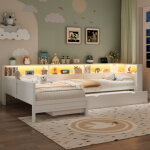 Lit simple 90x200 cm en forme de l - avec lit gigogne et 1 tiroir - led et port usb - mdf - blanc (sans ...