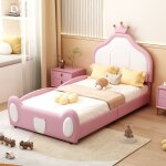 Lit simple 90x200 cm, avec t�te de lit couronne, sommier � lattes en bois, cadre en m�tal, lit capitonn� ...