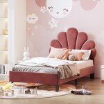 Lit simple 90x200 cm, tissu velours, avec t�te de lit forme de fleur, sommier � lattes, lit enfant capitonn�, ...