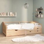 Bonnevie - lit adulte contemporain lit de repos 3 places  tiroirs bois de pin massif 90x200 cm 76775 ...