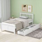 Lit simple en bois 90 x 200 cm pour jeune et adulte. avec tiroirs. structure en pin. blanc