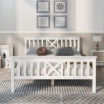 Lit simple en bois massif - 140 x 200 cm - structure de lit avec sommier � lattes - t�te de lit - blanc ...