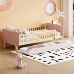 Lit simple enfant 90x190cm avec 2 tiroirs, lit simple en bois massif avec sommier à lattes, rose Lit simple enfant 90x190cm avec 2 tiroirs, lit simple en bois massif avec sommier à lattes, rose