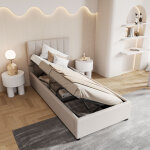 Lit simple enfant 90x200 cm, lit coffre hydraulique, t�te de lit r�glable, sommier � lattes, design classique ...