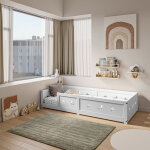 Lit simple enfant 90x200 cm au sol, anti - chute, bois de pin massif blanc, sommier � lattes, barri�re ...