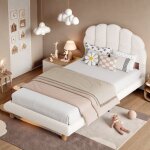 Lit simple enfant 90x200 cm, tissu peluche, t�te de lit tapiss�e, cadre de lit, sommier � lattes, lit ...