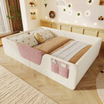 Lit au sol, lit 140x190 cm avec barri�res de s�curit� amovibles, poche en tissu int�gr�e, beige velours, ...