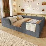 Lit au sol, lit 140x190 cm avec barri�res de s�curit� amovibles, poche en tissu int�gr�e, gris velours, ...