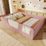 Lit au sol, lit 140x190 cm avec barri�res de s�curit� amovibles, poche en tissu int�gr�e, rose velours, ...