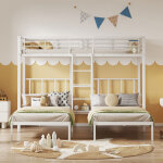 Lit superpos� 3 couchages 90 x 200 cm pour enfants et adolescents avec barri�re de protection, blanc