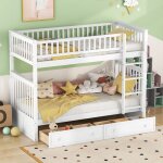 Lit superpos 90x200 cm, lit enfant 2 places avec 2 tiroirs et sommier  lattes, en bois de pin, blanc, ...