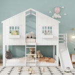 Lit superpos� 90x200cm blanc, toboggan, toit et fen�tres, �chelle 3 marches, pin et mdf