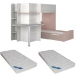 Lits superposs d'angle 2 x 90 x 190 cm - avec bureau - gris, blanc et rose + matelas - samuel